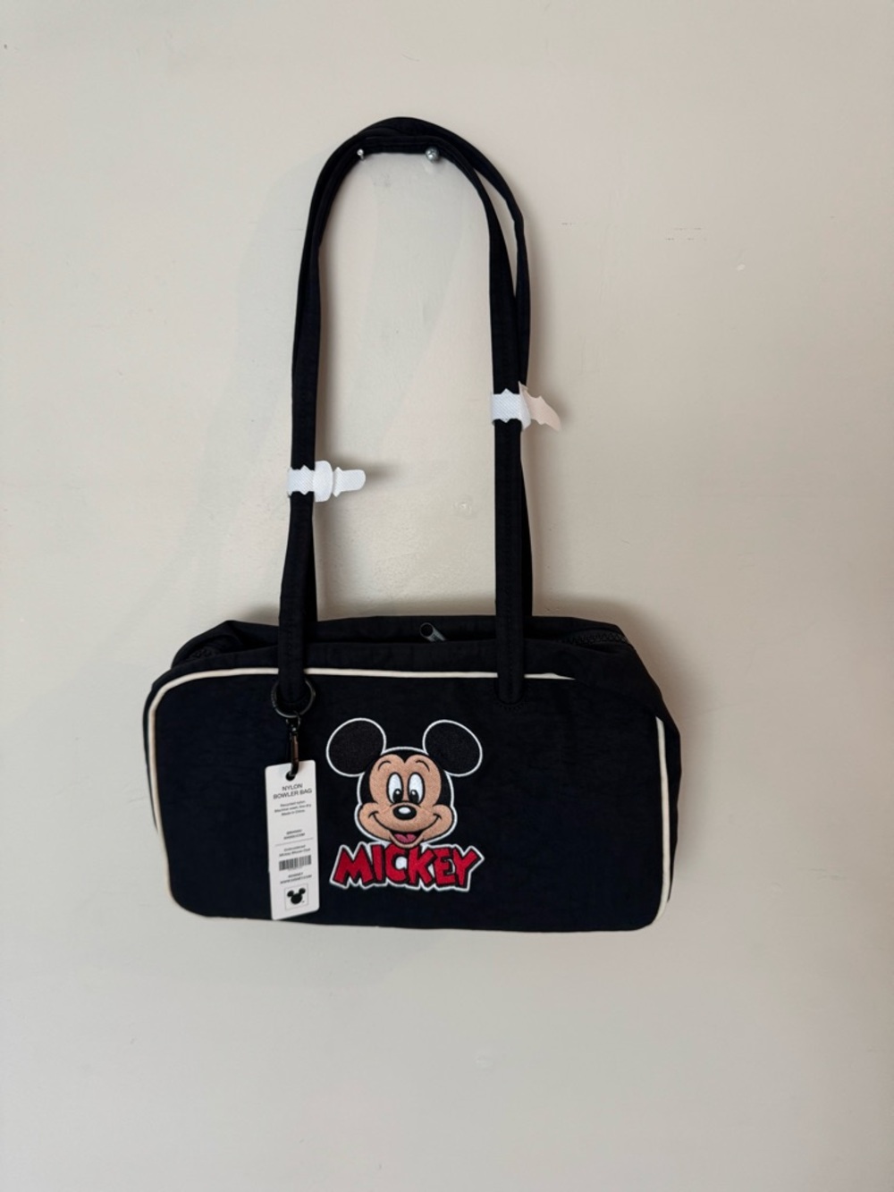 BAGGU Black Shoulder Bag with White Trim and Red Mickey Patch